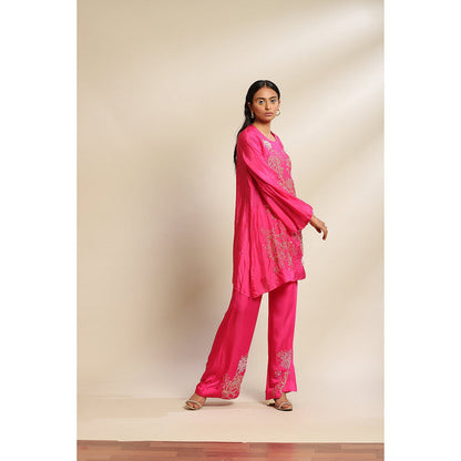 One Not Two Hot Pink Viscose Silk Kurta & Pant with Floral Embroidery & Sleeve (Set of 2)