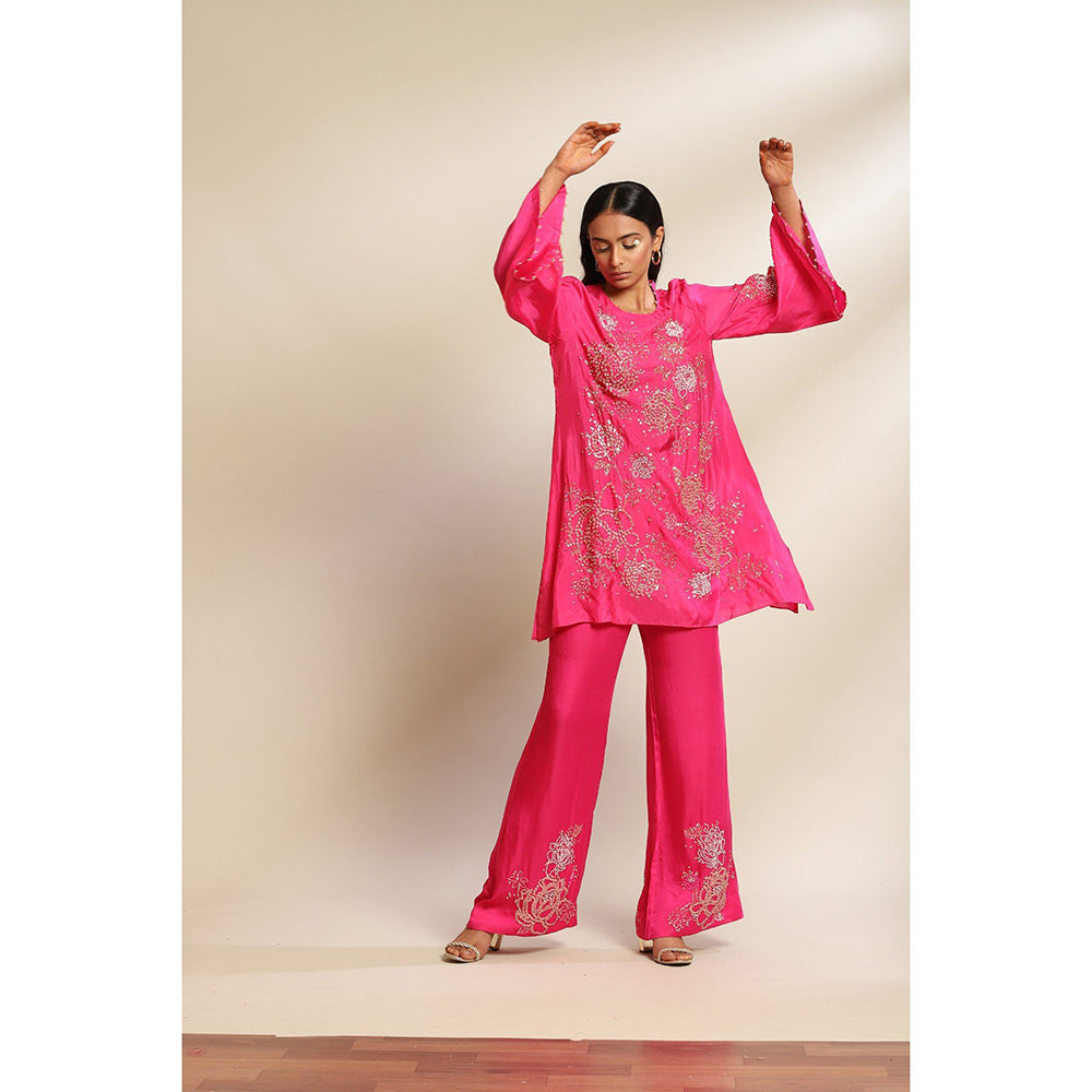 One Not Two Hot Pink Viscose Silk Kurta & Pant with Floral Embroidery & Sleeve (Set of 2)