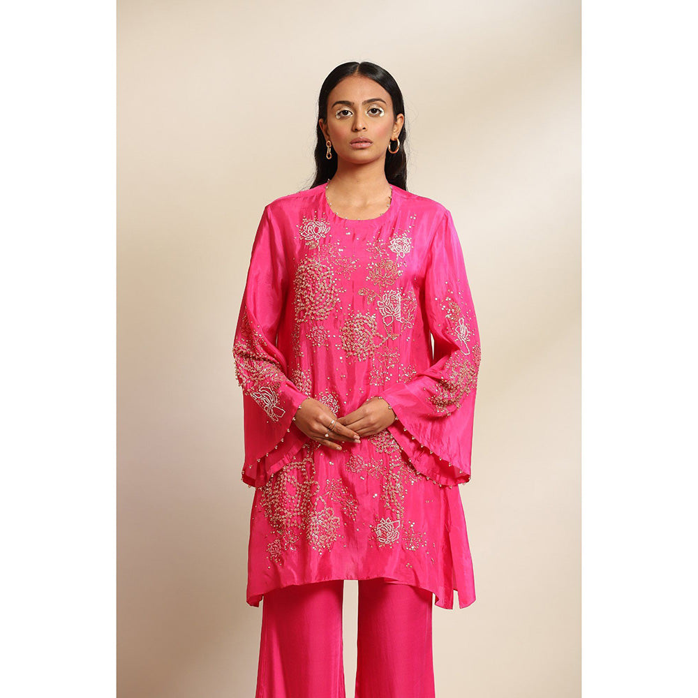 One Not Two Hot Pink Viscose Silk Kurta & Pant with Floral Embroidery & Sleeve (Set of 2)