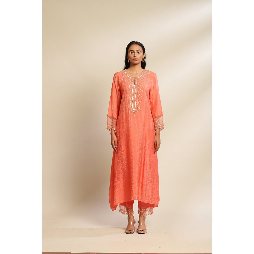 One Not Two Coral Viscose Silk Kurta & Pant with Sequins & Beads Yoke & Sleeve (Set of 2)
