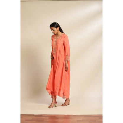 One Not Two Coral Viscose Silk Kurta & Pant with Sequins & Beads Yoke & Sleeve (Set of 2)