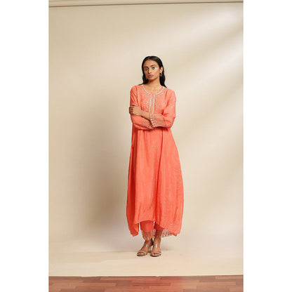 One Not Two Coral Viscose Silk Kurta & Pant with Sequins & Beads Yoke & Sleeve (Set of 2)