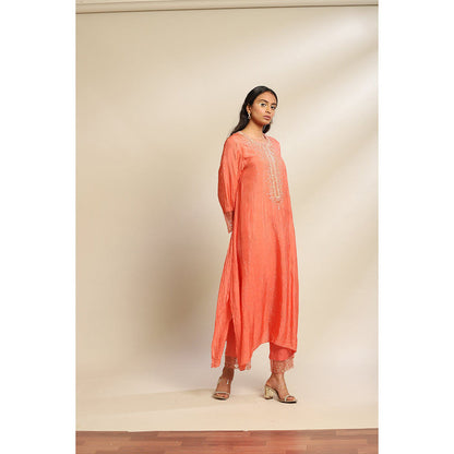 One Not Two Coral Viscose Silk Kurta & Pant with Sequins & Beads Yoke & Sleeve (Set of 2)