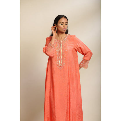One Not Two Coral Viscose Silk Kurta & Pant with Sequins & Beads Yoke & Sleeve (Set of 2)