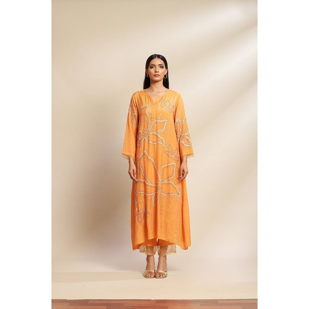 One Not Two Papaya Kurta & Pant with Floral Embroidery with Sequins Beads (Set of 2)