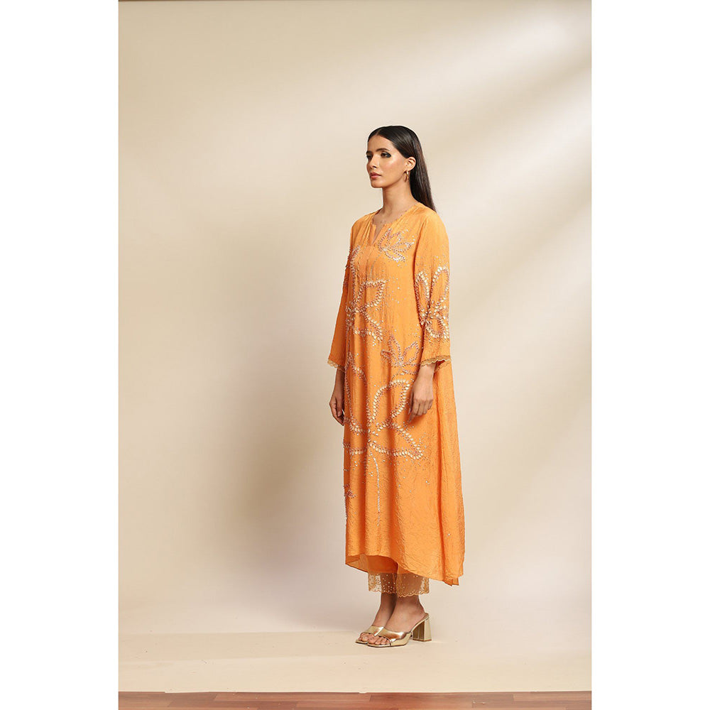 One Not Two Papaya Kurta & Pant with Floral Embroidery with Sequins Beads (Set of 2)