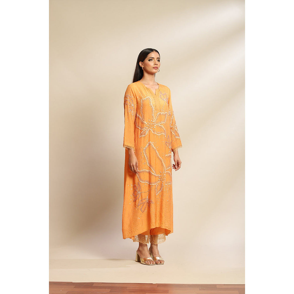 One Not Two Papaya Kurta & Pant with Floral Embroidery with Sequins Beads (Set of 2)