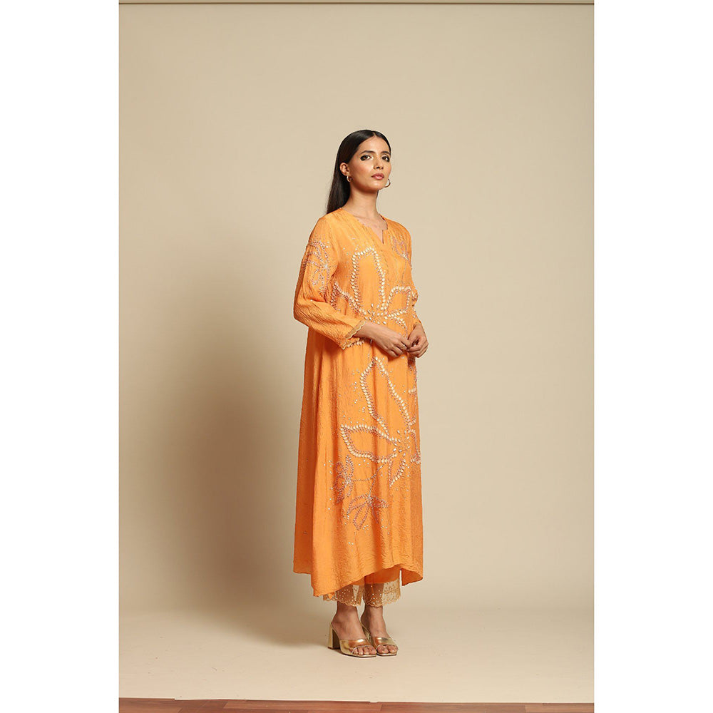 One Not Two Papaya Kurta & Pant with Floral Embroidery with Sequins Beads (Set of 2)