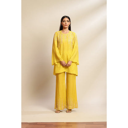 One Not Two Mango Viscose Silk Kurta & Pant with Sequins & Beads Yoke & Sleeve (Set of 2)