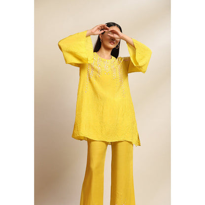 One Not Two Mango Viscose Silk Kurta & Pant with Sequins & Beads Yoke & Sleeve (Set of 2)