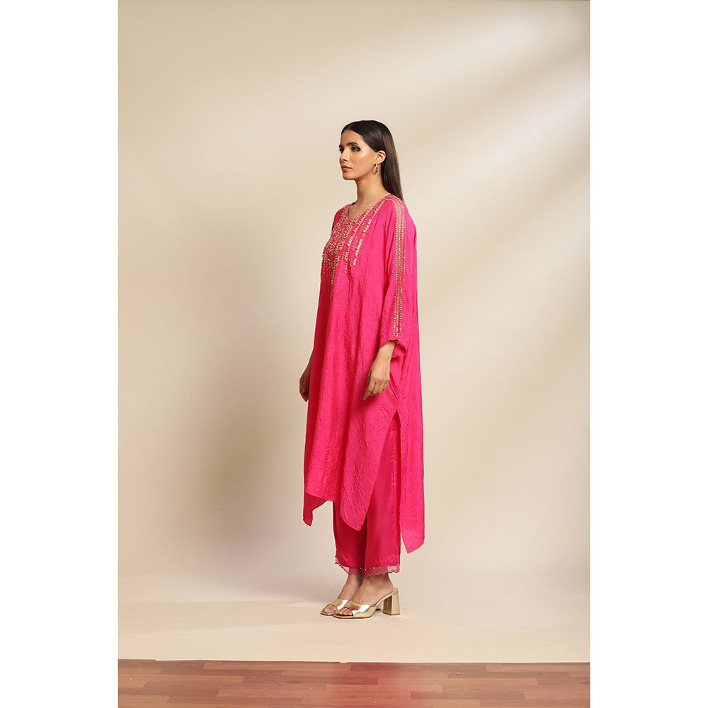 One Not Two Hot Pink Kurta & Pant with Embroidery with Sequins & Beads On Yoke (Set of 2)