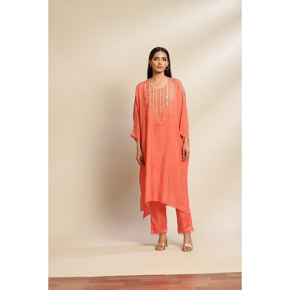 One Not Two Coral Kurta & Pant with Hand Embroidery with Sequins & Beads On Yoke (Set of 2)
