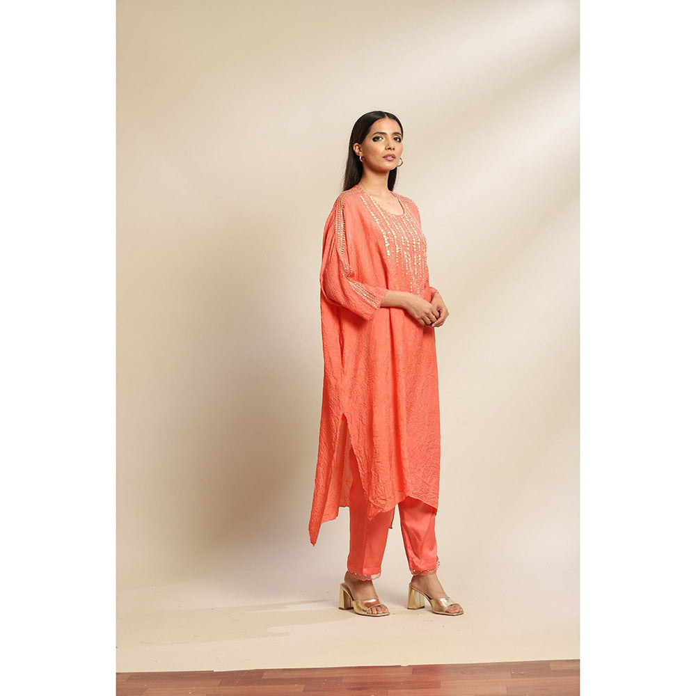 One Not Two Coral Kurta & Pant with Hand Embroidery with Sequins & Beads On Yoke (Set of 2)