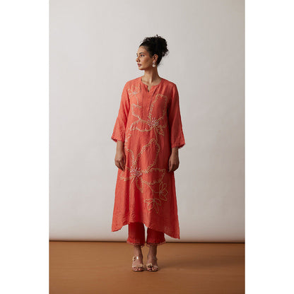 One Not Two Coral Crushed Silk with Hand Embroidered Kurta & Pant (Set of 2)