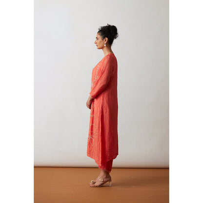 One Not Two Coral Crushed Silk with Hand Embroidered Kurta & Pant (Set of 2)