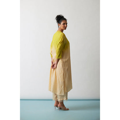 One Not Two Citrene Ombre Crushed Silk Floral Embroidered Kurta & Pant (Set of 2)