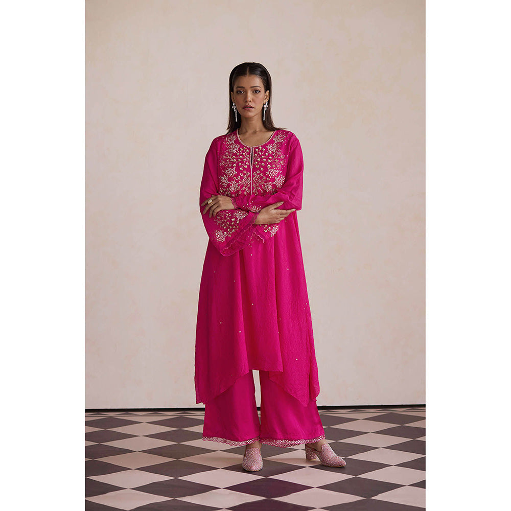 One Not Two Hot Pink Embroidered Kurta with Slip and Palazzo (Set of 3)