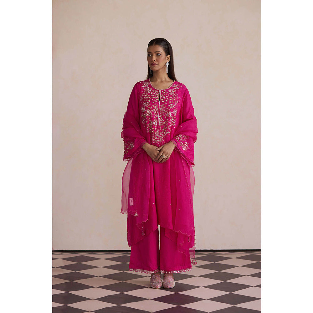 One Not Two Hot Pink Embroidered Kurta with Slip and Palazzo (Set of 3)