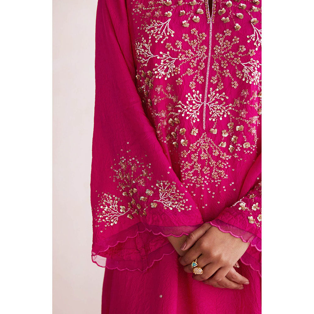 One Not Two Hot Pink Embroidered Kurta with Slip and Palazzo (Set of 3)