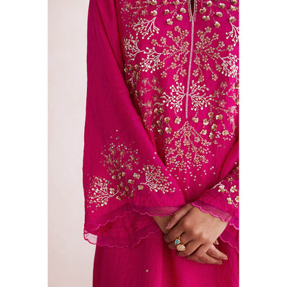 One Not Two Hot Pink Embroidered Kurta with Slip and Palazzo (Set of 3)