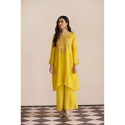One Not Two Yellow Embroidered Kurta with Slip and Palazzo (Set of 3)