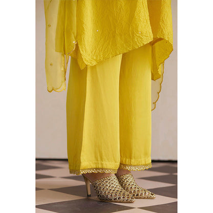 One Not Two Yellow Embroidered Kurta with Slip and Palazzo (Set of 3)