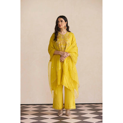 One Not Two Yellow Embroidered Kurta with Slip and Palazzo (Set of 3)