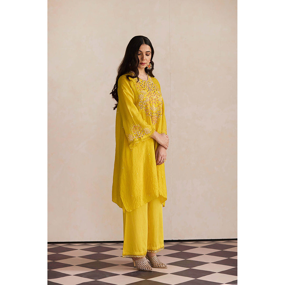 One Not Two Yellow Embroidered Kurta with Slip and Palazzo (Set of 3)