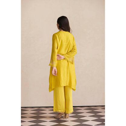 One Not Two Yellow Embroidered Kurta with Slip and Palazzo (Set of 3)