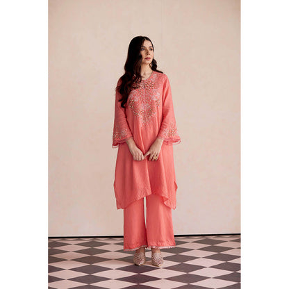 One Not Two Coral Kurta with Slip and Palazzo (Set of 3)