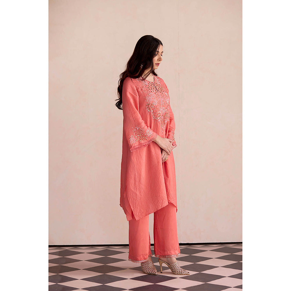 One Not Two Coral Kurta with Slip and Palazzo (Set of 3)