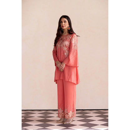 One Not Two Coral Embroidered Kurta with Palazzo (Set of 2)