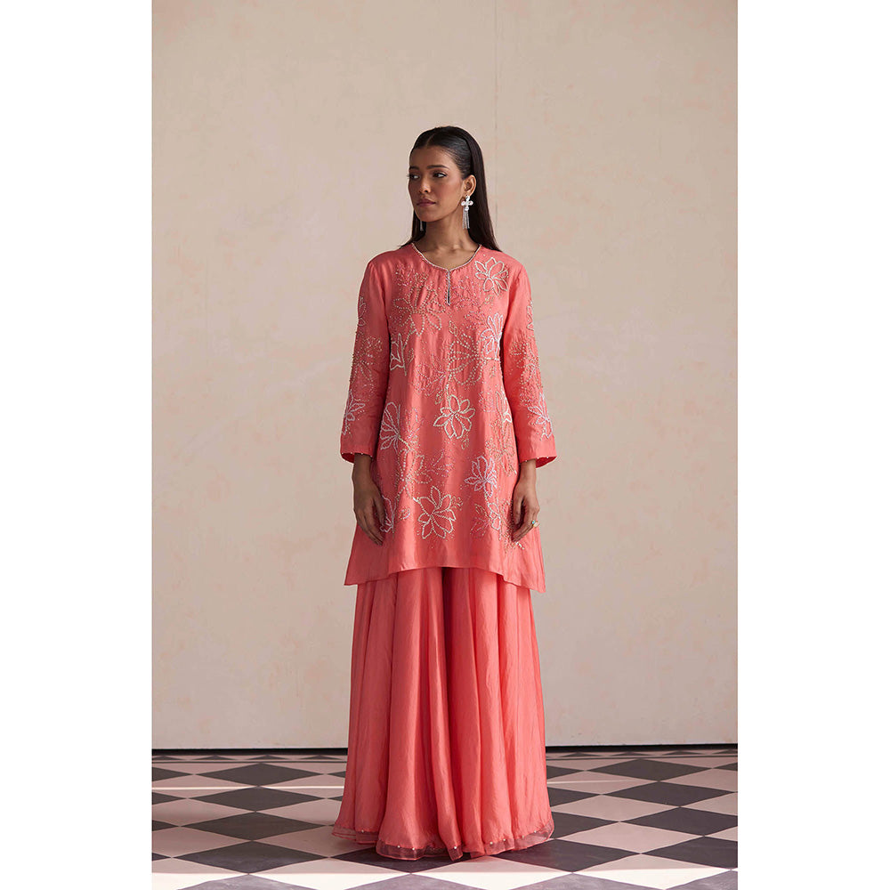 One Not Two Coral Sharara with Kurti (Set of 2)