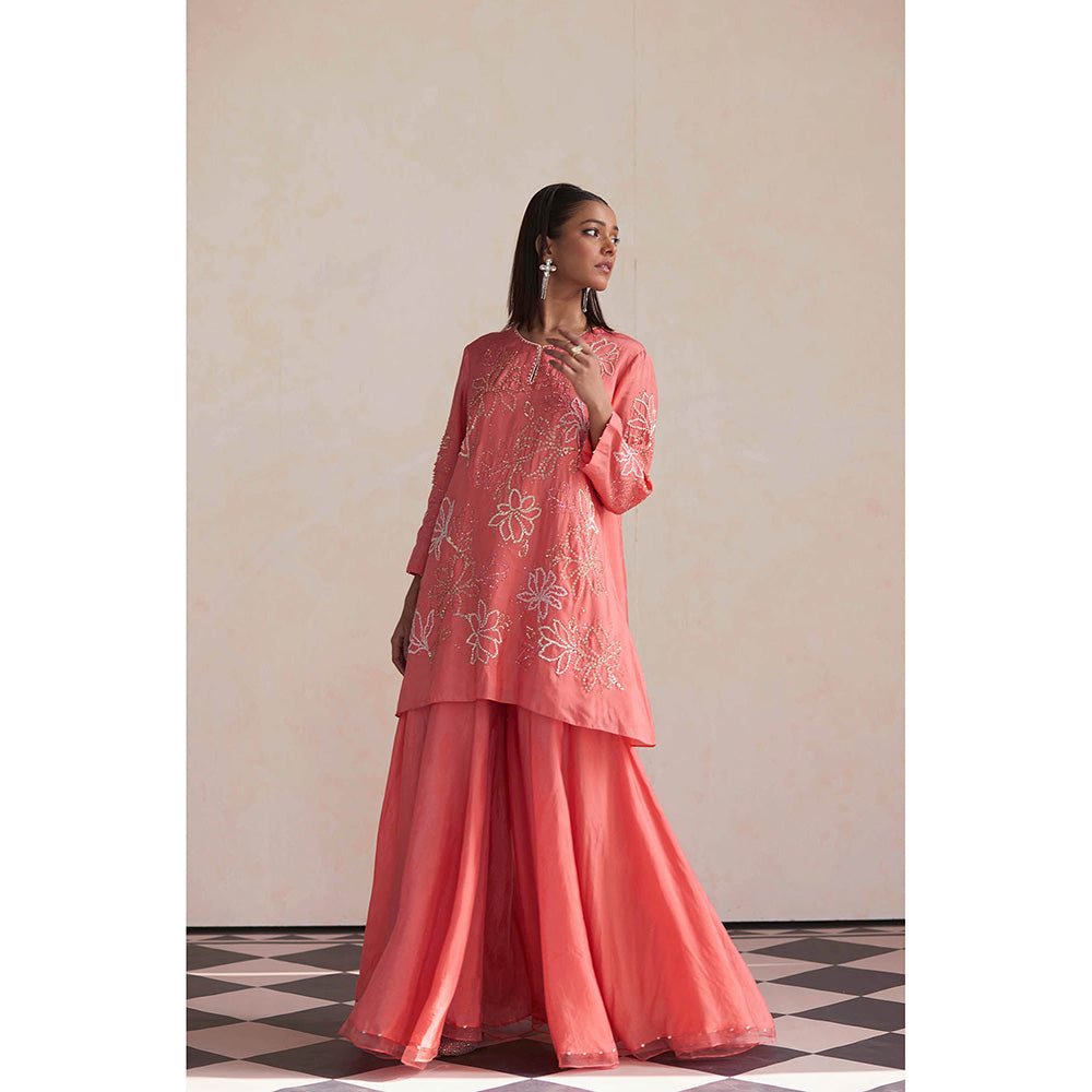 One Not Two Coral Sharara with Kurti (Set of 2)