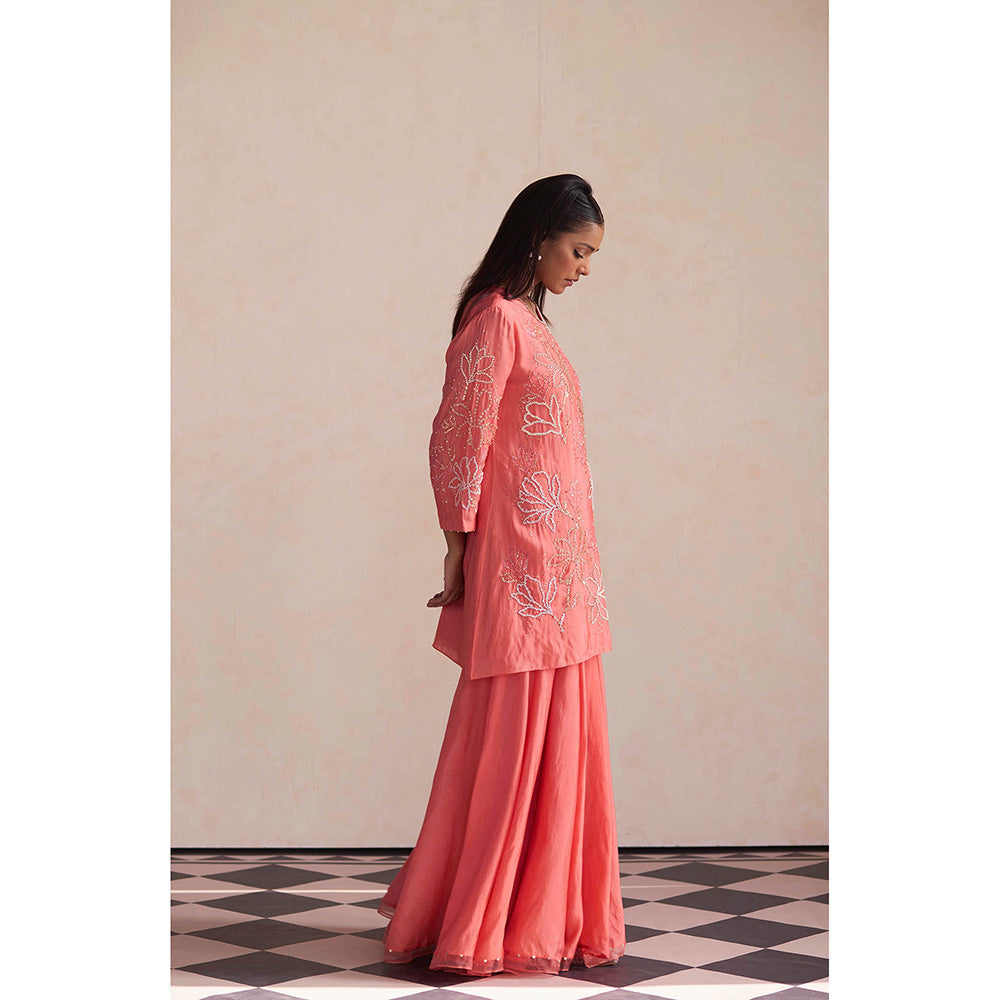 One Not Two Coral Sharara with Kurti (Set of 2)