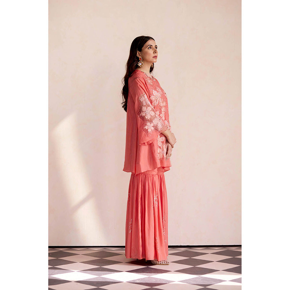 One Not Two Coral Sharara with Kurti and Slip (Set of 3)