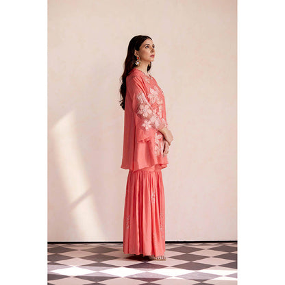 One Not Two Coral Sharara with Kurti and Slip (Set of 3)