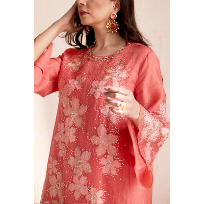 One Not Two Coral Sharara with Kurti and Slip (Set of 3)