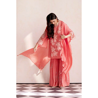 One Not Two Coral Sharara with Kurti and Slip (Set of 3)