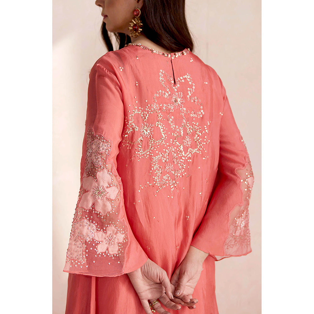 One Not Two Coral Sharara with Kurti and Slip (Set of 3)
