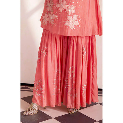 One Not Two Coral Sharara with Kurti and Slip (Set of 3)