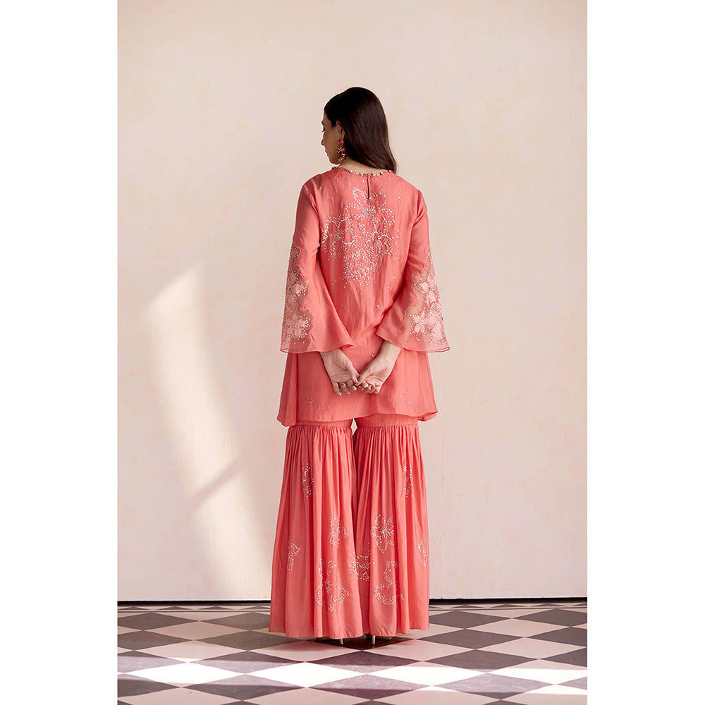 One Not Two Coral Sharara with Kurti and Slip (Set of 3)