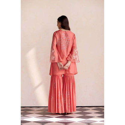 One Not Two Coral Sharara with Kurti and Slip (Set of 3)