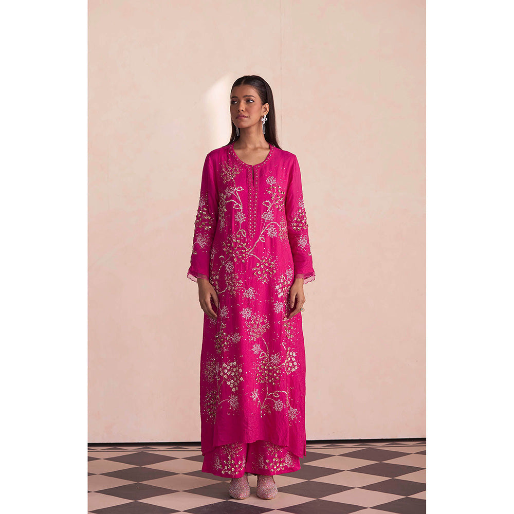 One Not Two Pink Embroidered Silk Kurta with Slip and Palazzo (Set of 3)