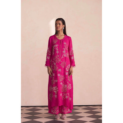 One Not Two Pink Embroidered Silk Kurta with Slip and Palazzo (Set of 3)