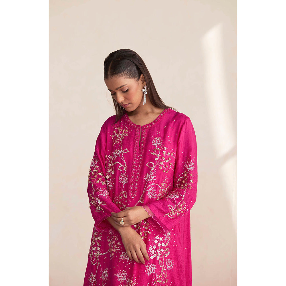 One Not Two Pink Embroidered Silk Kurta with Slip and Palazzo (Set of 3)