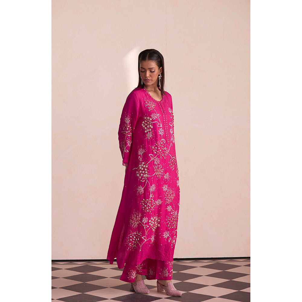One Not Two Pink Embroidered Silk Kurta with Slip and Palazzo (Set of 3)