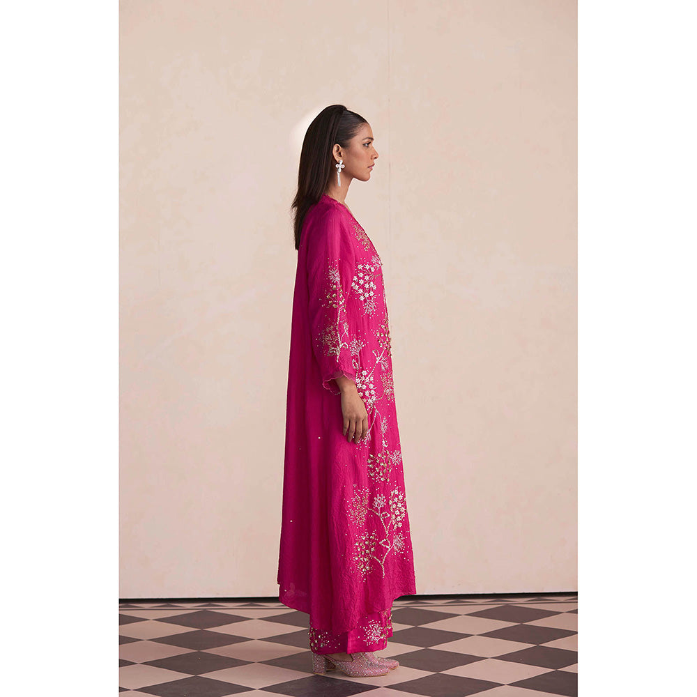 One Not Two Pink Embroidered Silk Kurta with Slip and Palazzo (Set of 3)
