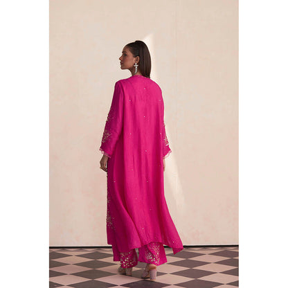 One Not Two Pink Embroidered Silk Kurta with Slip and Palazzo (Set of 3)