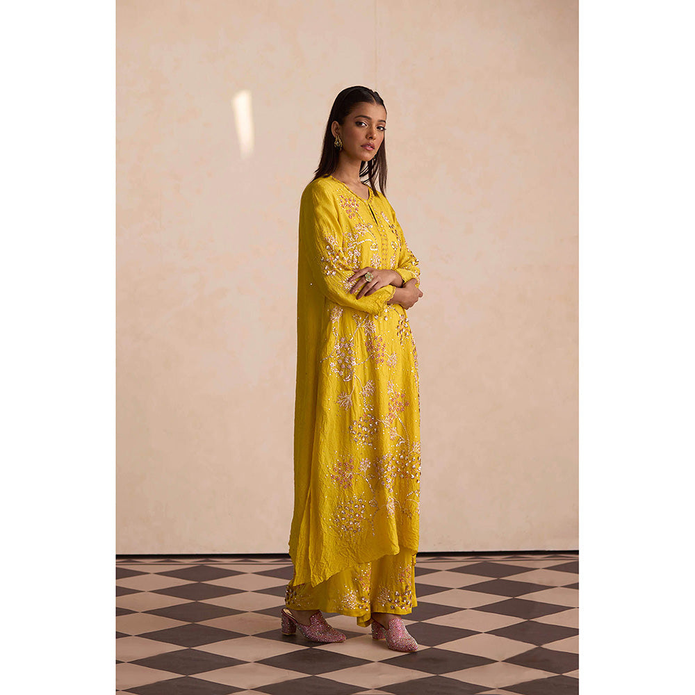 One Not Two Yellow Embroidered Silk Kurta with Slip and Palazzo (Set of 3)